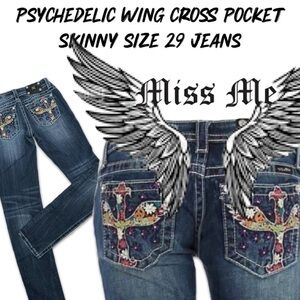 Miss Me JP5727S5 Psychedelic Wing Cross Pocket Skinny Blue Jeans Size 29